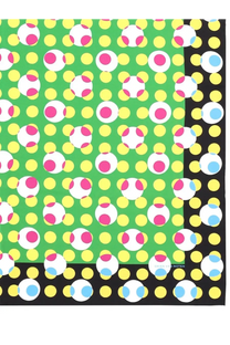 Vibrant green silk scarf by Dries Van Noten featuring bold pink white yellow polka dots with a black border