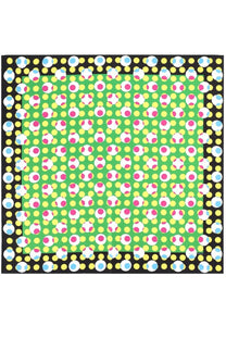 Vibrant green silk scarf by Dries Van Noten with pink white yellow polka dots and black border in seta multicolor