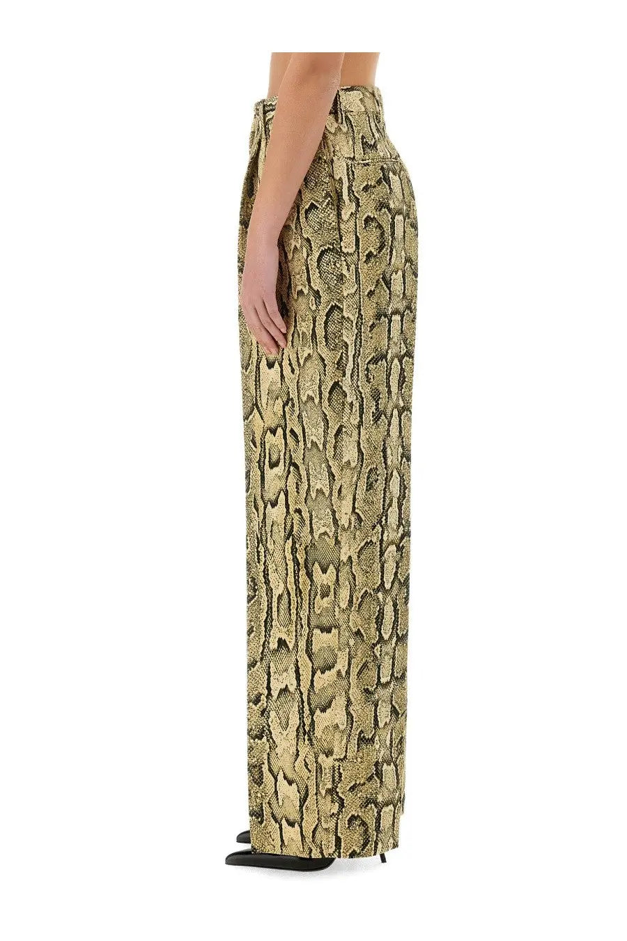 High-waisted wide-leg Dries Van Noten jacquard pants with shimmering gold and olive green snake print pattern