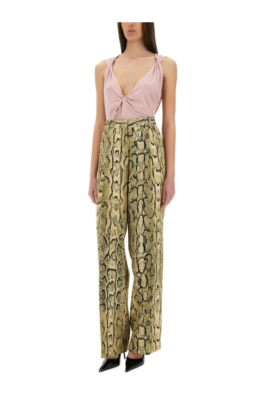 Snake-print wide-leg trousers in shimmering gold and olive green pattern complementing dries van noten blue jersey top