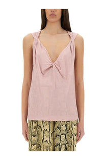 Dries Van Noten women’s blue jersey sleeveless top with deep v-neck and knotted front detail