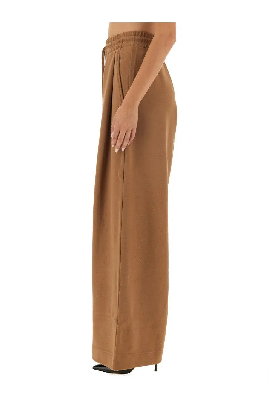 Cropped wide-leg camel brown jogging pants for women by Dries Van Noten with elastic waistband and flowing fabric