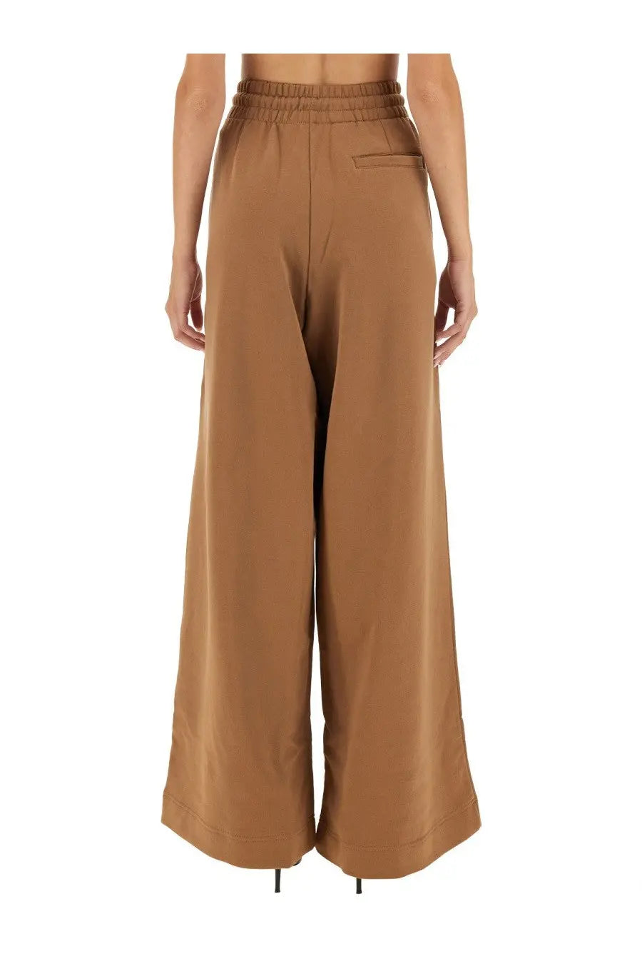Back view of dries van noten women’s brown jogging pants with tan wide-leg elastic waistband and single back pocket