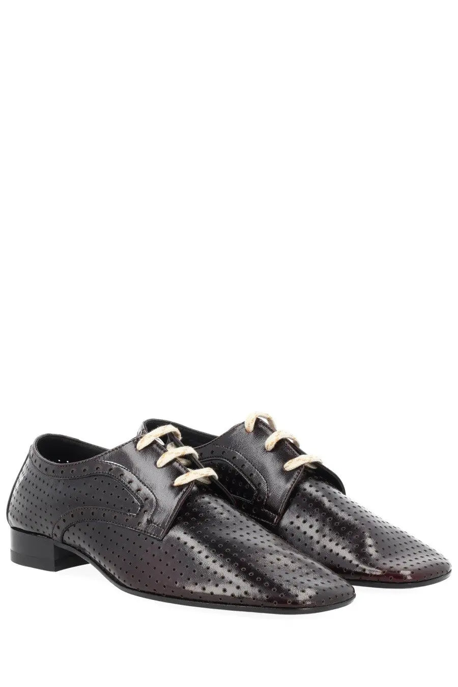 Dries Van Noten women’s leather loafer in brown with black patent leather dress shoes featuring perforated detailing and cream laces