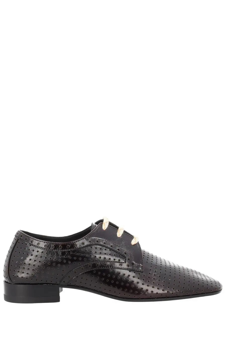 Black patent leather lace-up oxford shoe with perforated detailing and cream-colored laces for women