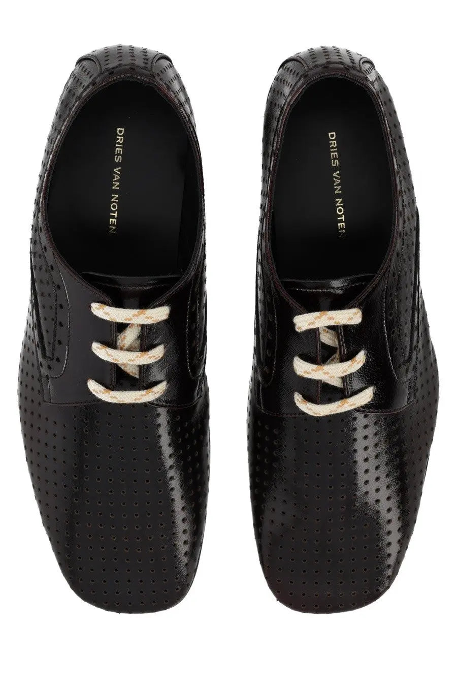 Dries Van Noten women’s brown leather loafer with black perforated leather and cream-colored laces
