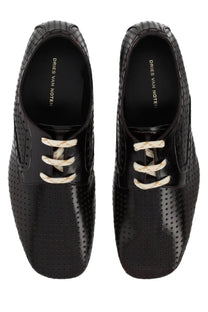 Dries Van Noten women’s brown leather loafer with black perforated leather and cream-colored laces
