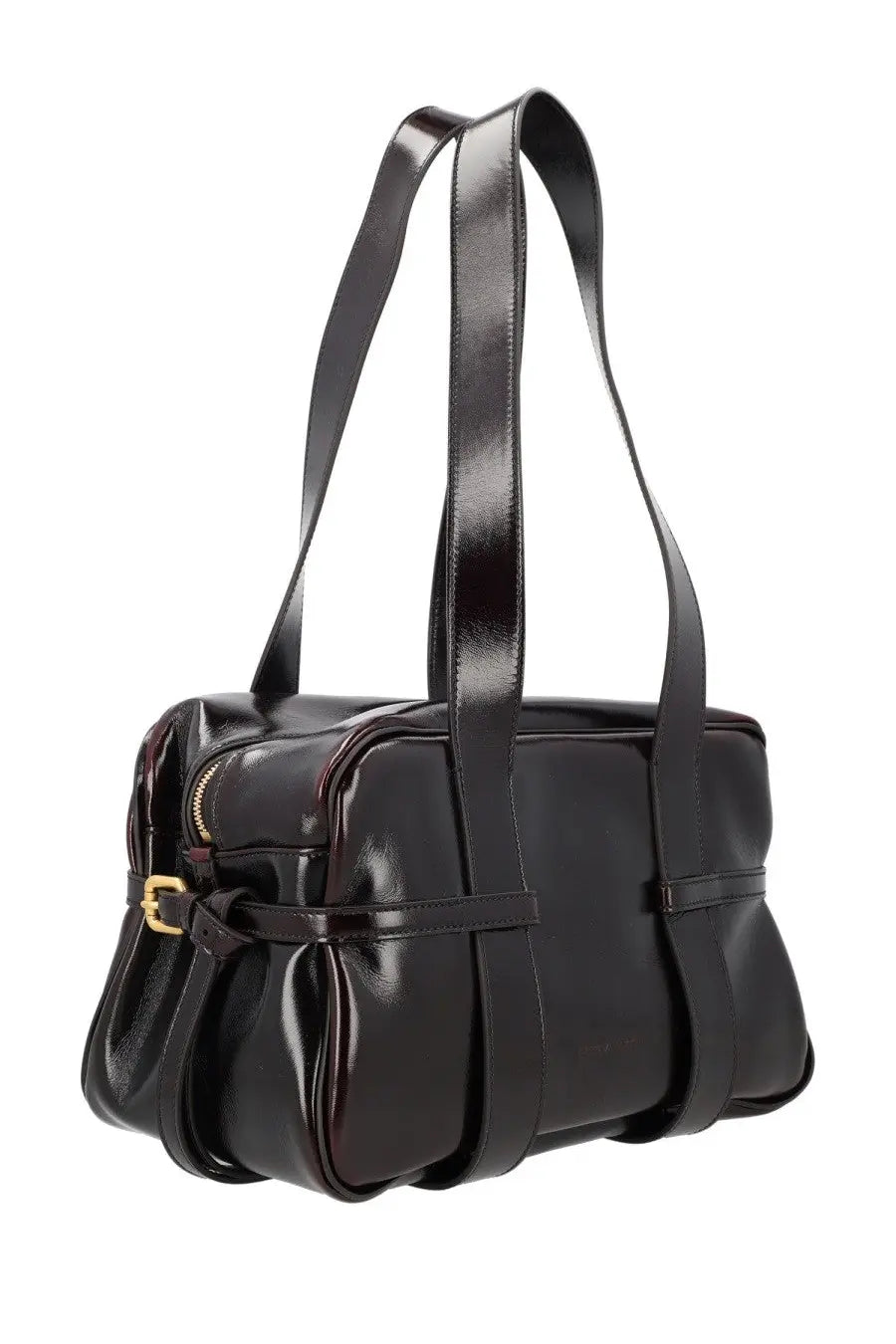 Dries van noten women’s medium bowling bag in brown black patent leather with gold-tone hardware and dual shoulder straps