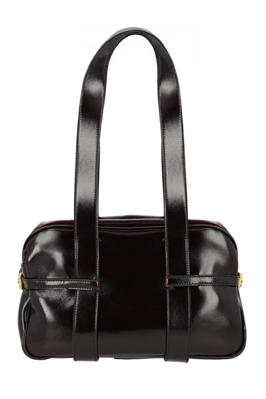Black patent leather satchel with gold-tone hardware and dual top handles for stylish everyday use