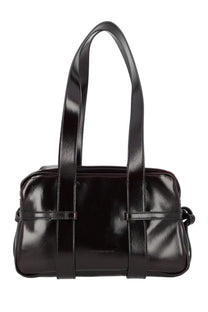 Dries Van Noten women’s medium bowling bag in sleek black patent leather with structured handles and minimalist design