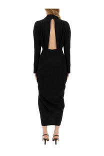 Dries van noten women’s black long-sleeved midi dress with back cutout and high neckline shown from the back