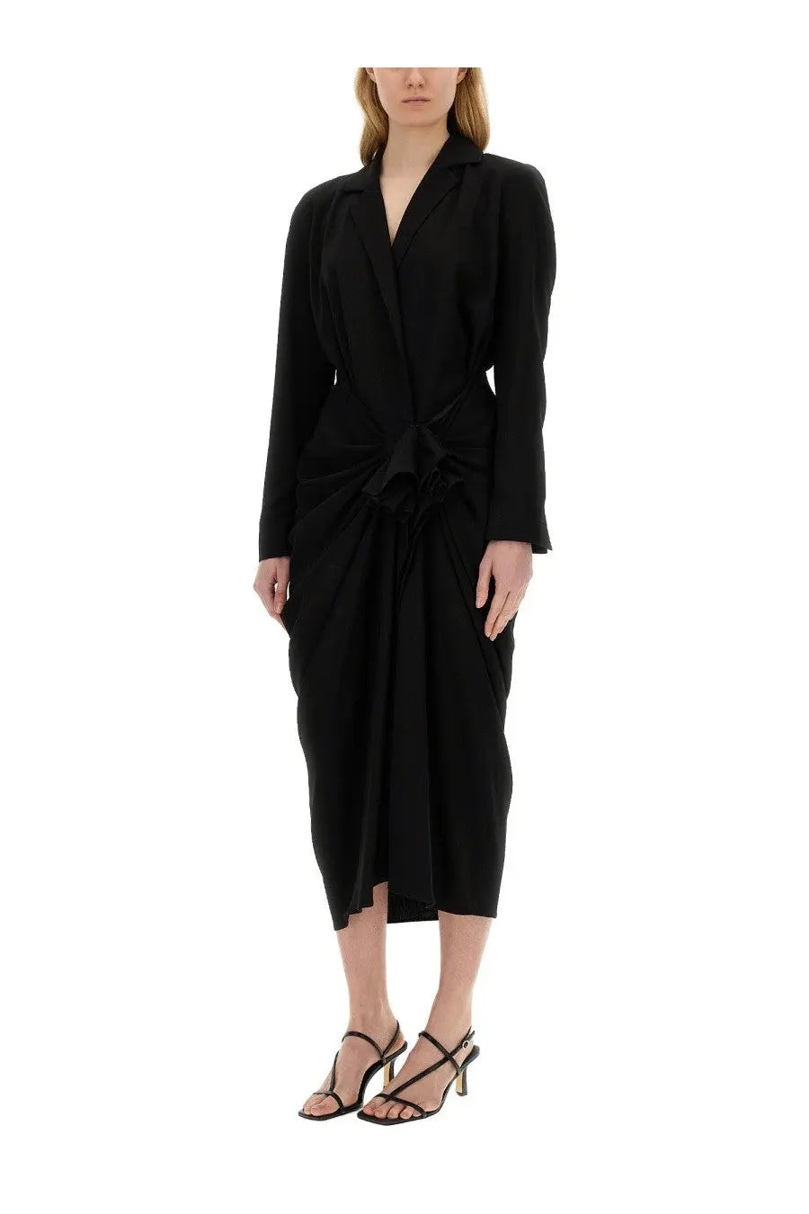 Dries van Noten women’s black satin blazer dress with draped waist and long sleeves midi length