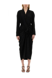 Dries Van Noten women’s black satin wrap midi dress with belted waist and long sleeves