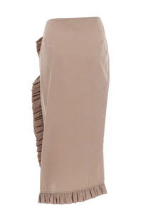 Dries Van Noten womens beige midi skirt with ruffled side slit and frayed hem in linen blend fabric