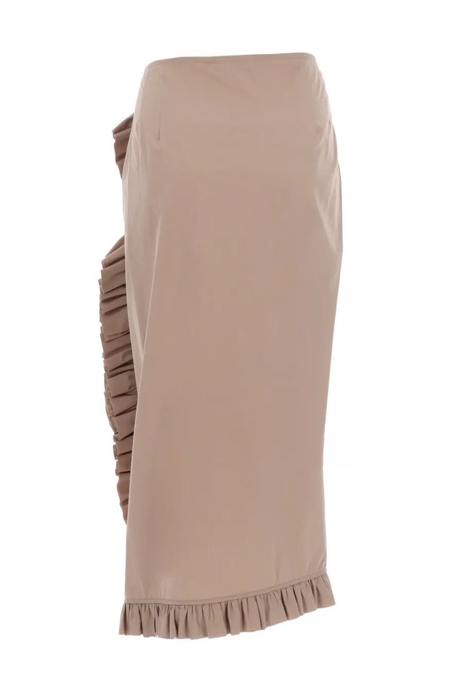Beige midi skirt by dries van noten with ruffled side slit and matching frayed hem for women