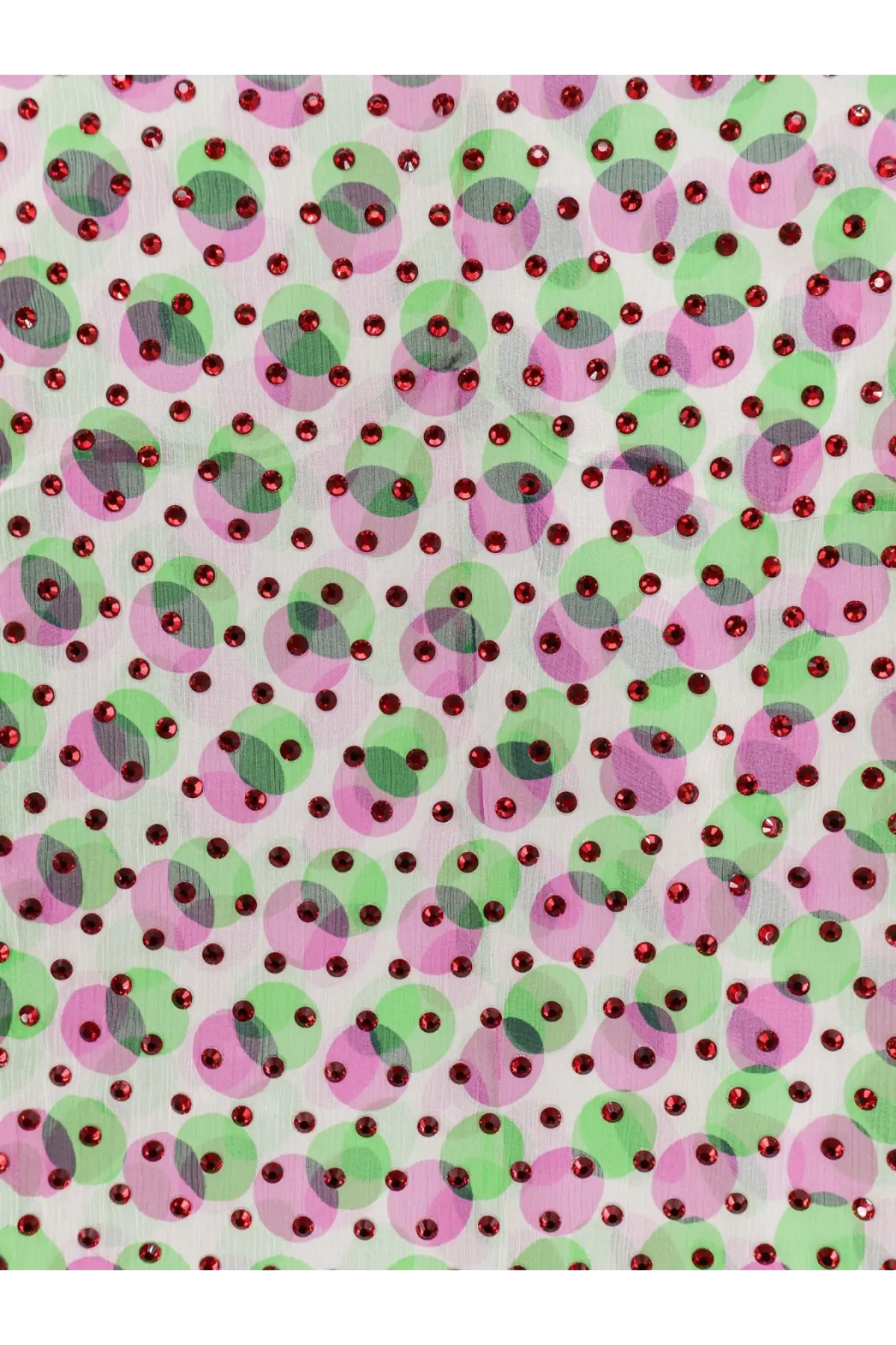 Dries Van Noten women’s multicolor silk dress with pink and green polka-dot sheer fabric and red rhinestones