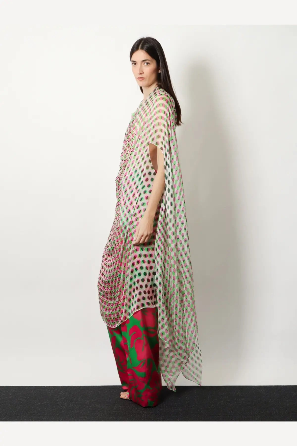 Dries Van Noten women’s multicolor silk dress white with flowing sheer polka-dot chiffon cape pink to green gradient