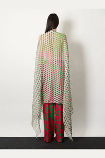 Dries Van Noten women’s multicolor silk dress white with sheer translucent cape and pink green polka dots over red trousers