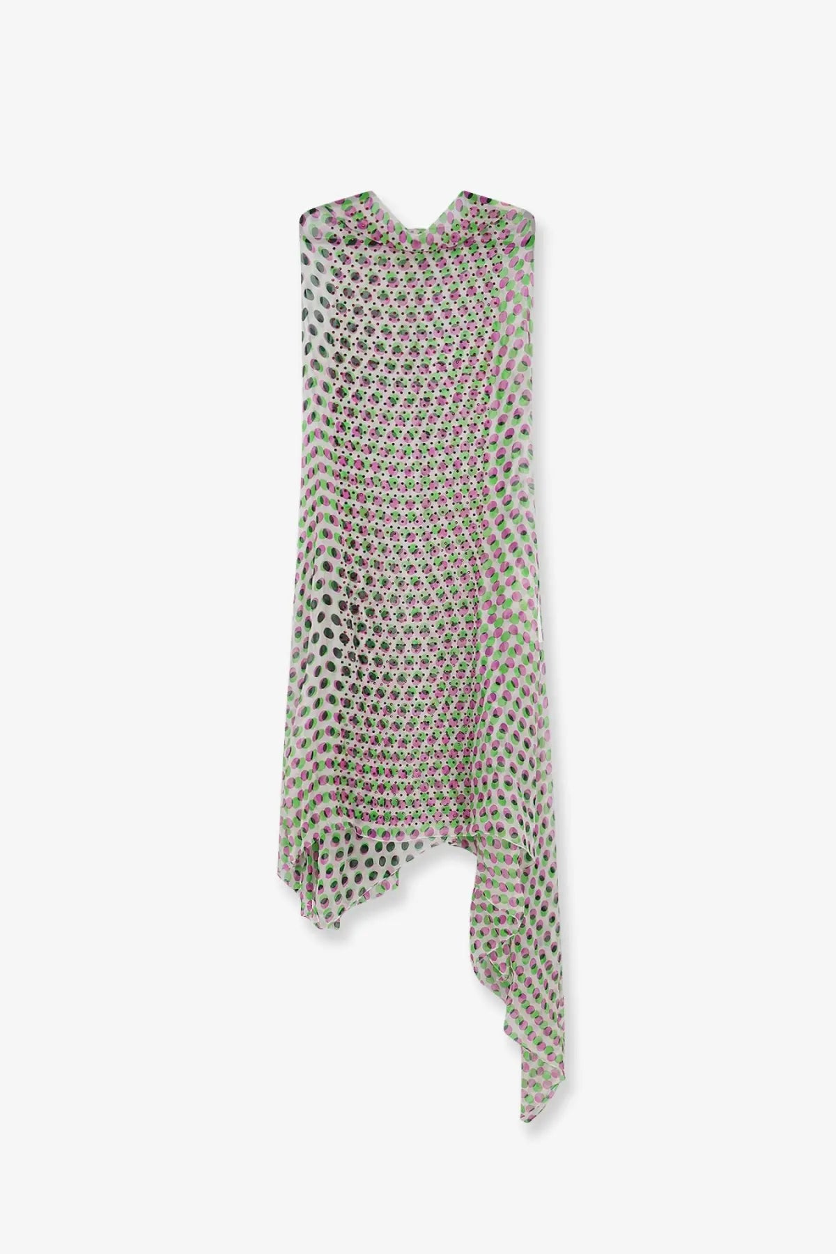 Dries Van Noten women’s multicolor sleeveless asymmetrical silk dress with sheer mesh and pink green dot pattern