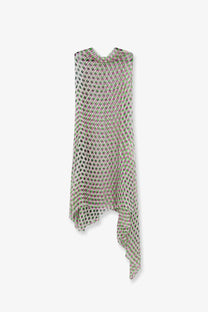 Dries Van Noten women’s multicolor sleeveless asymmetrical silk dress with sheer mesh and pink green dot pattern