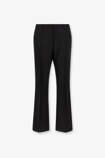 Black tailored straight-leg trousers with subtle front pleats made from wool and silk by Dries Van Noten women