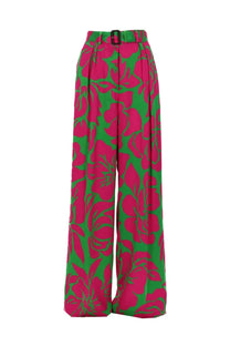 Dries van noten women’s pantalone peaches bis multicolor high-waisted wide-leg trousers in pink and green floral print with black belt