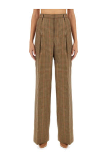 High-waisted wide-leg brown houndstooth trousers for women by Dries Van Noten made from structured wool blend fabric