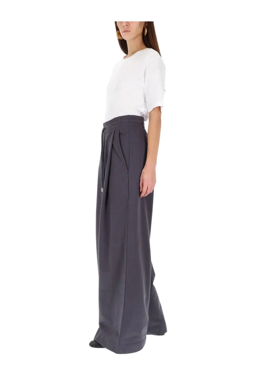 Dark gray Dries Van Noten wide-leg high waist pants with self-tie belt for women in Hadium Grey color