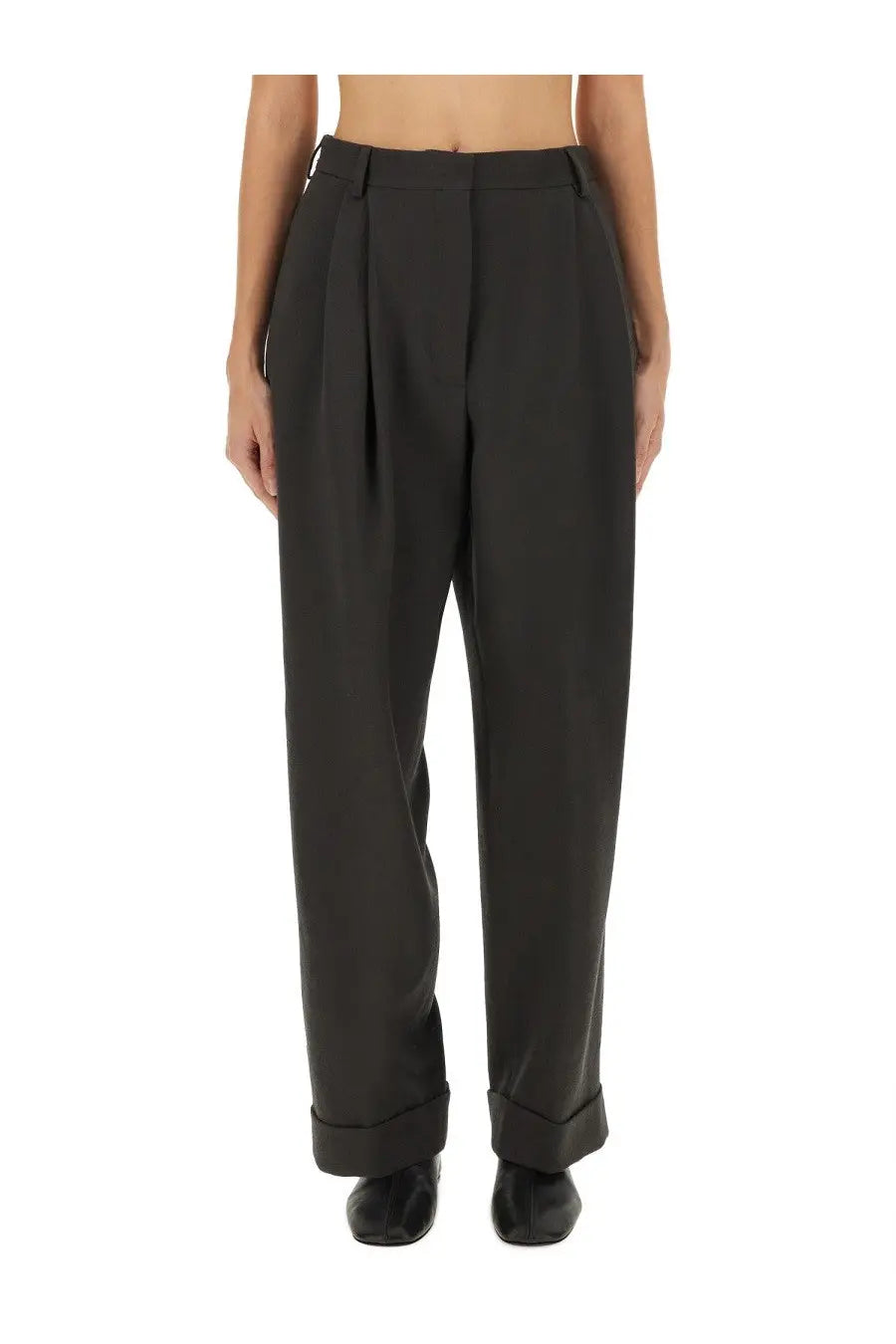 Dries van noten women’s black pleated tailored trousers with rolled cuffs and partan grey detailing