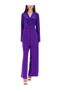 Vibrant purple satin jumpsuit with collar and buttoned front by dries van noten women pants penn purple