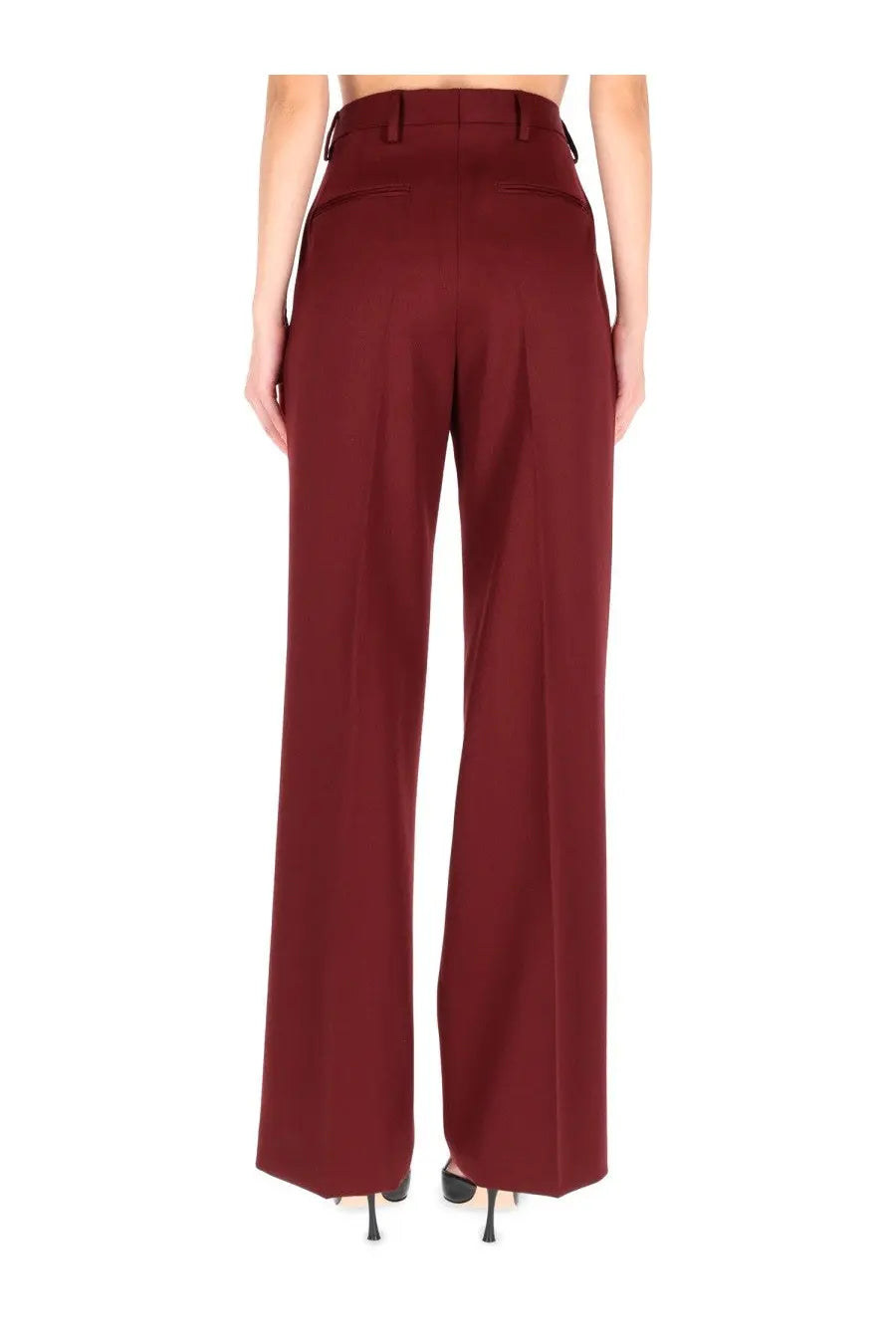 Burgundy high-waisted wide-leg Dries Van Noten pants with sleek tailored fit and subtle back pleats for women