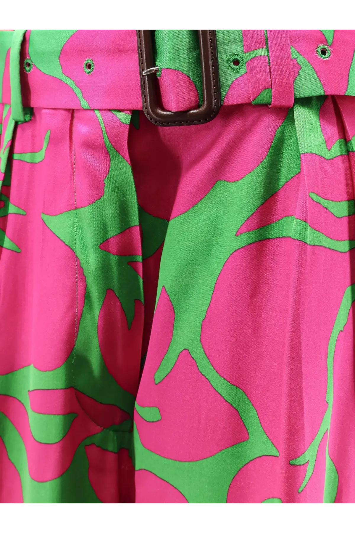 Pink and green floral print high-waisted skirt with brown leather belt buckle from dries van noten viscose trousers green