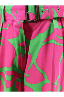 Pink and green floral print high-waisted skirt with brown leather belt buckle from dries van noten viscose trousers green
