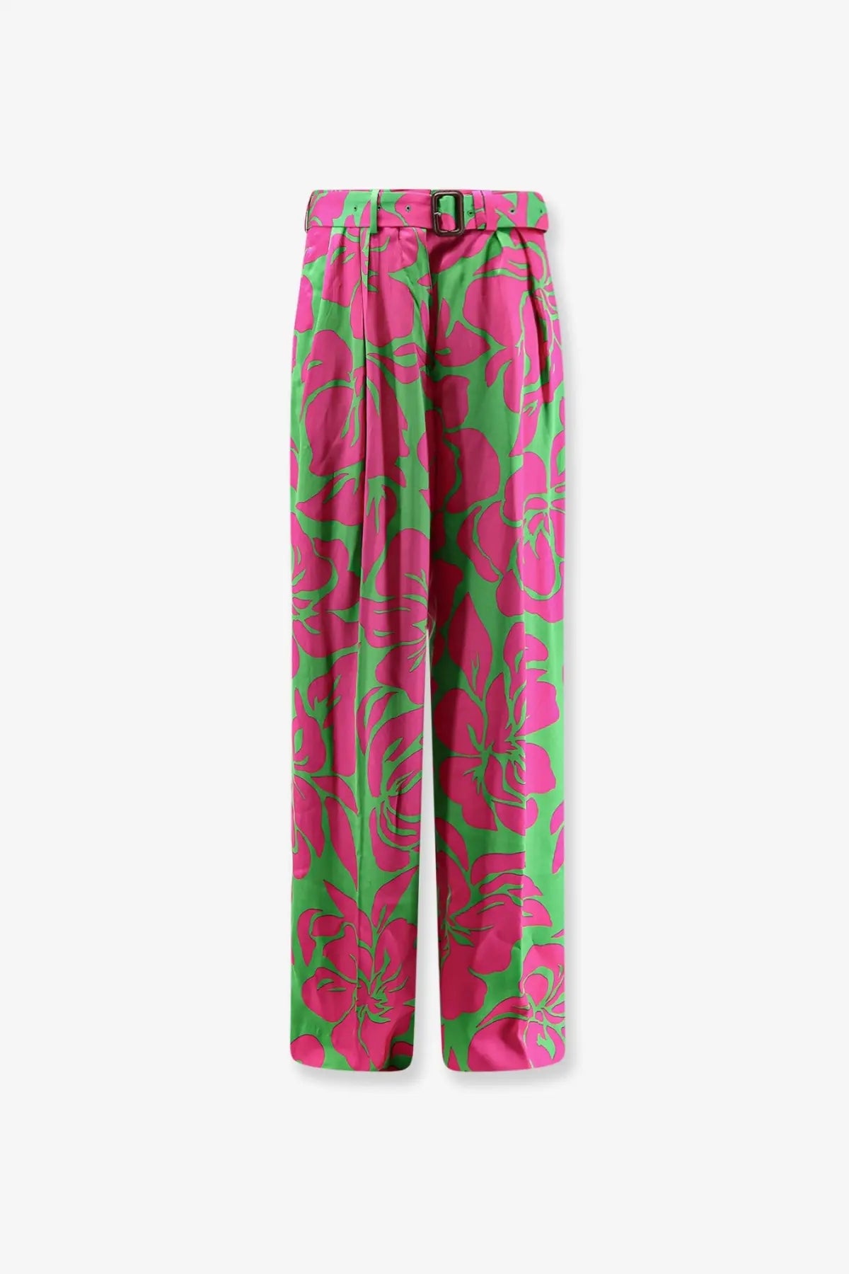 Dries Van Noten women’s high-waisted viscose trousers in green with vibrant pink floral print and black buckle belt