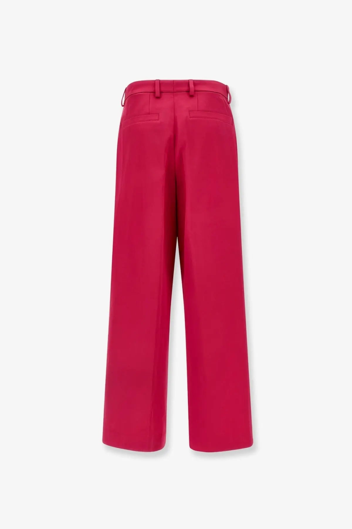 Bright fuchsia Dries Van Noten women’s penn satin trousers with wide-leg tailored fit and subtle back pockets shown from back
