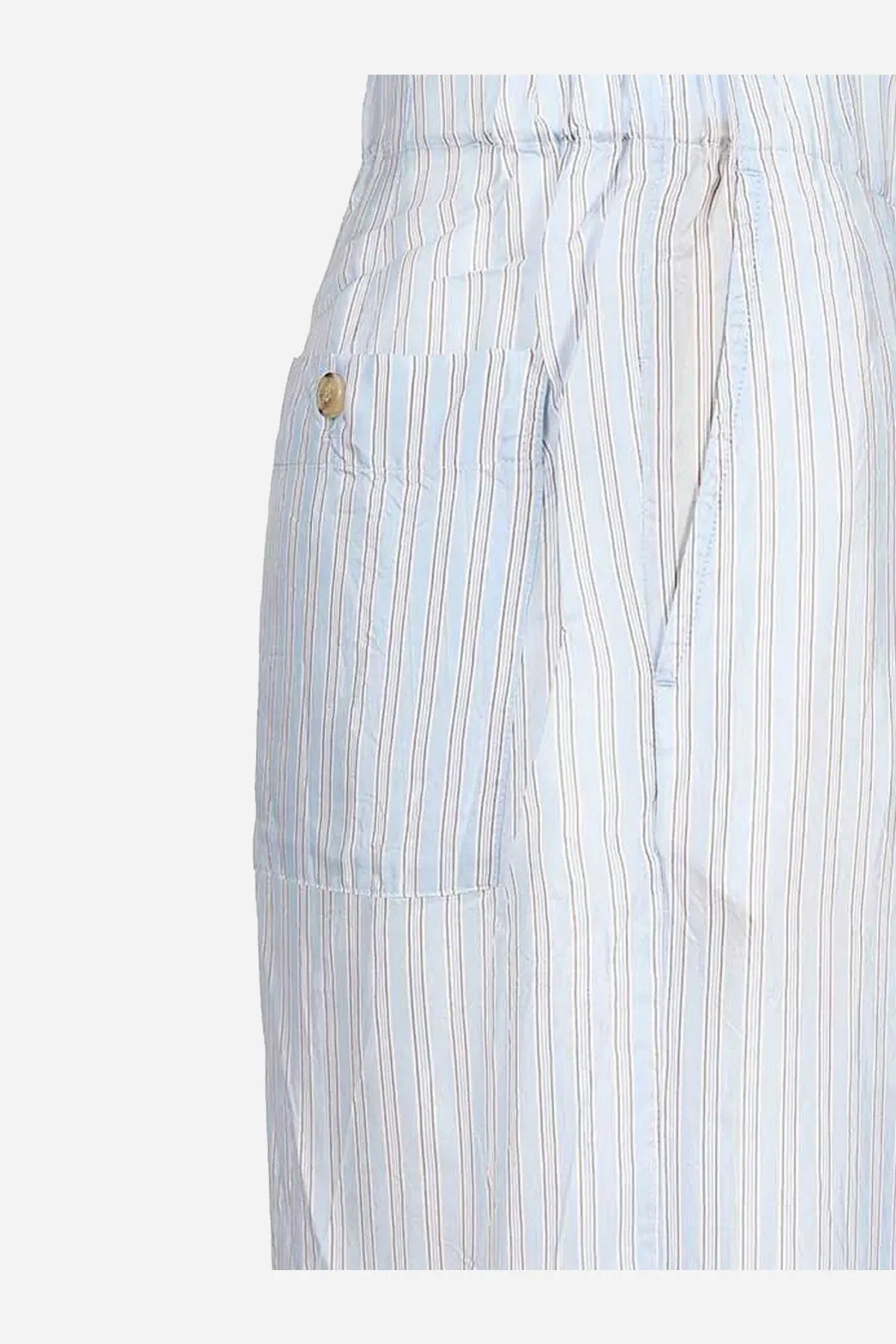 Dries Van Noten women’s pila light blue and white striped cupro trousers with a subtle gold-toned side pocket button