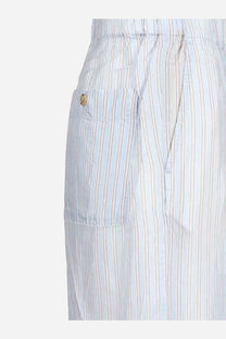 Dries Van Noten women’s pila light blue and white striped cupro trousers with a subtle gold-toned side pocket button