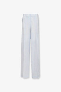 Dries Van Noten women’s pila cupro trousers in light blue and white vertical stripes with wide-leg design