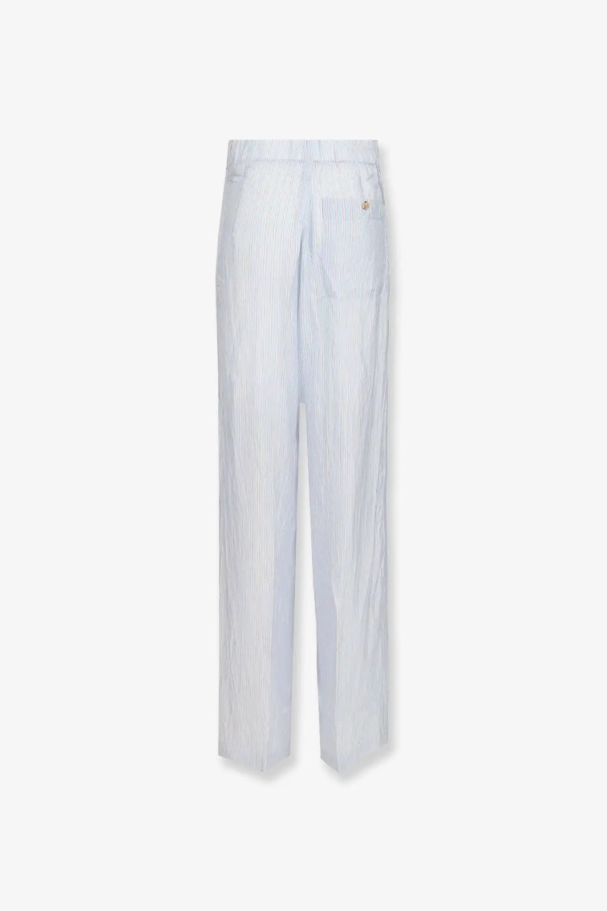 Dries Van Noten women’s pila cupro trousers in light blue and white vertically striped wide-leg design with subtle texture