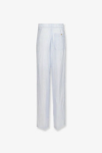 Dries Van Noten women’s pila cupro trousers in light blue and white vertically striped wide-leg design with subtle texture