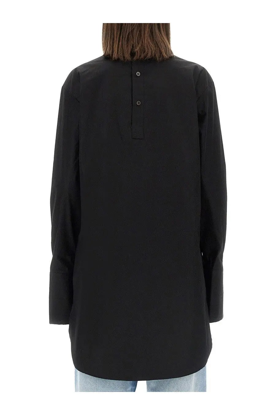 Back view of dries van noten womens black long-sleeved blouse with buttoned back and relaxed fit