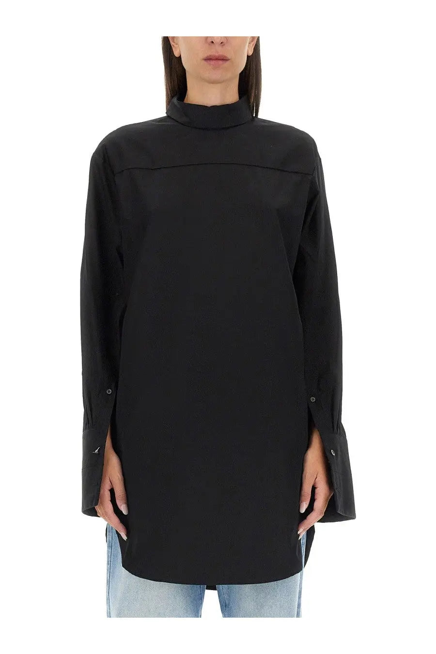 Dries Van Noten women’s black oversized shirt with high collar and bell sleeves in plaid fabric