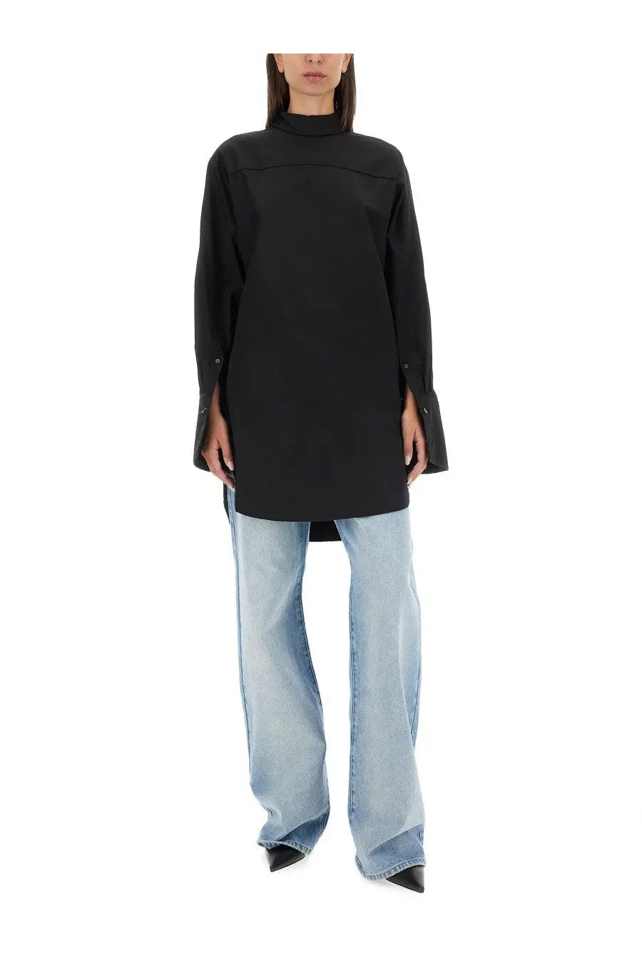 Black oversized turtleneck shirt with long sleeves and flared cuffs from dries van noten women’s plaid shirt black collection