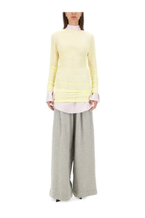 Dries Van Noten women’s blue plaid shirt featuring a pale yellow long-sleeved top with ruched detailing and layered stripes