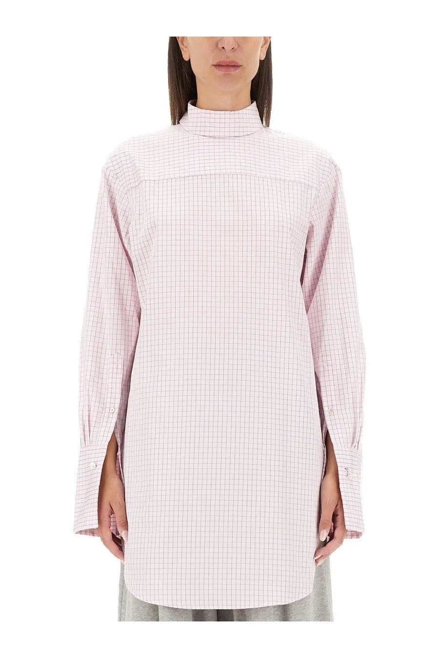 Dries Van Noten women’s plaid shirt in soft pink and white checkered long-sleeved fabric with high collar