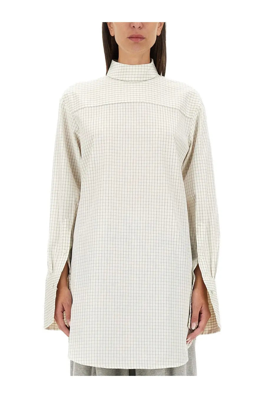 Dries Van Noten women’s cream-colored long-sleeved plaid shirt with subtle grid pattern and high collar