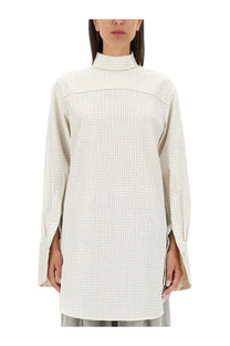 Dries Van Noten women’s cream-colored long-sleeved plaid shirt with subtle grid pattern and high collar