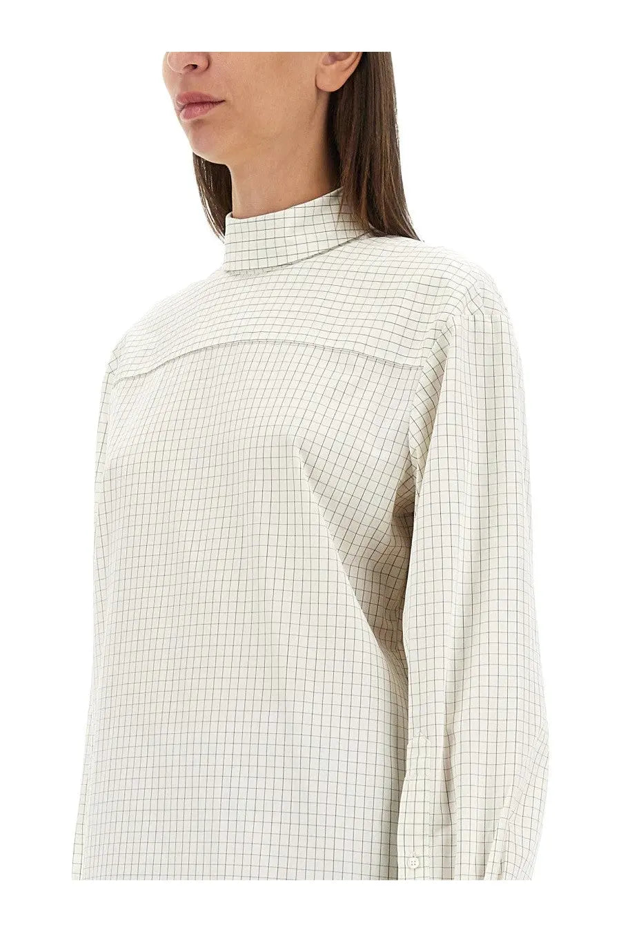 Dries Van Noten women’s plaid shirt white cream long-sleeved button-up with subtle black grid pattern