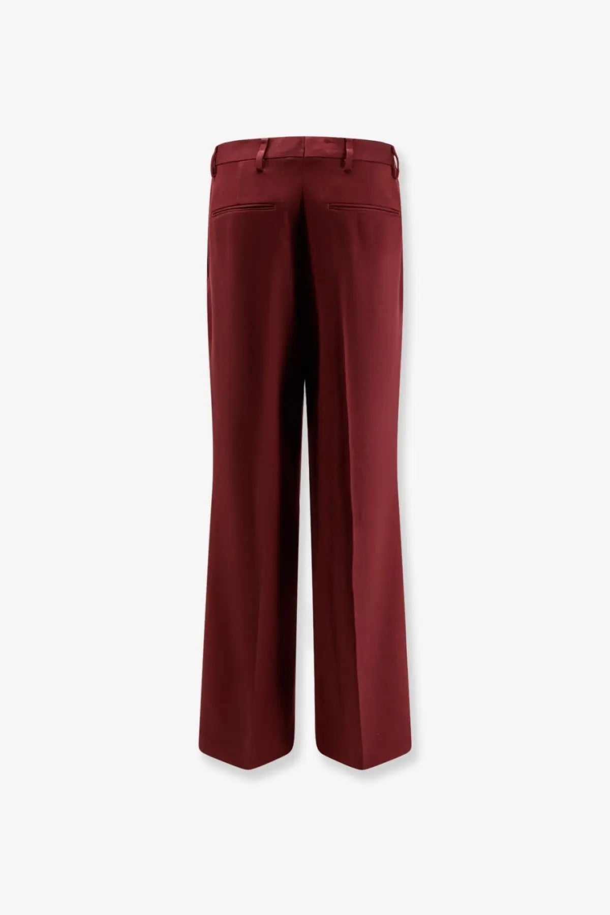 A pair of elegant wide-leg burgundy wool trousers with tailored fabric and subtle front pockets by dries van noten