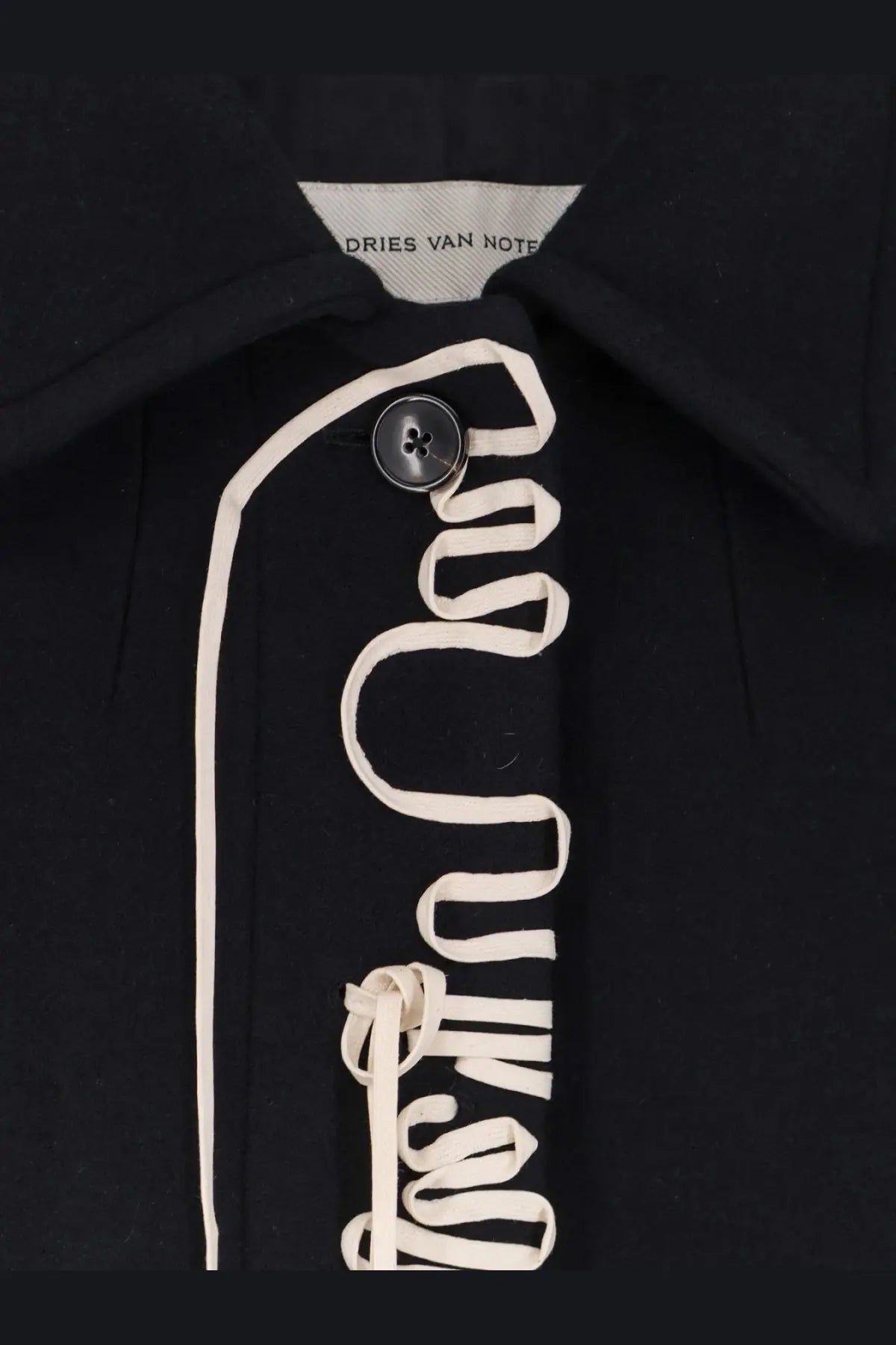 Black dries van noten women’s rebela wool blend coat with distinctive white ribbon trim on front placket